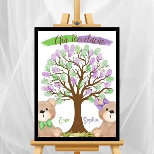 Quadro Personalizado Chá Revelação Urso Lilás +2 Carimbeiras