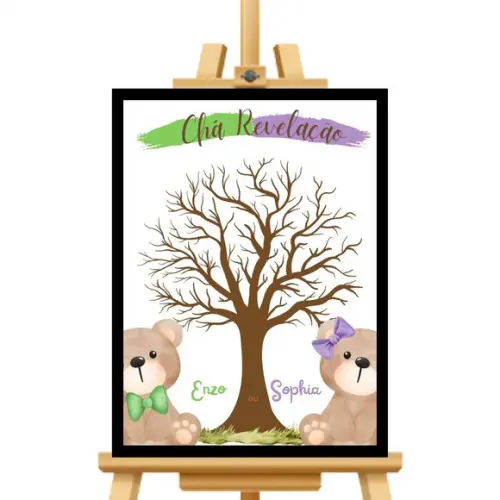 Quadro Personalizado Chá Revelação Urso Lilás +2 Carimbeiras