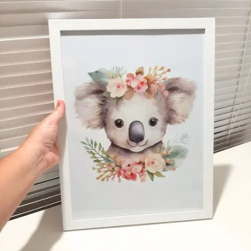 Quadro Quarto de Menina Coala com Flor Aquarela 33x43 cm