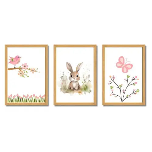 Quadro Quarto Infantil Feminino Coelhinha Borboleta c/ Vidro