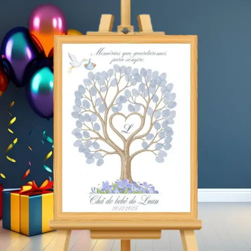 Quadro Recepção Árvore de Digitais Azul Chá de Bebê