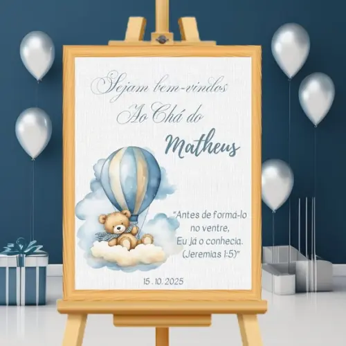 Quadro Recepção Chá de Bebê Urso Azul Moldura com Vidro