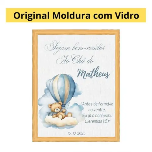 Quadro Recepção Chá de Bebê Urso Azul Moldura com Vidro