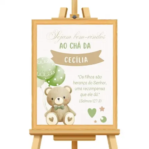 Quadro Recepção Chá de Bebê Urso Verde Moldura com Vidro