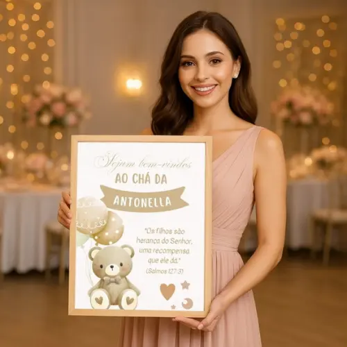 Quadro Recepção Chá de Bebê Urso Boho Neutro Unissex