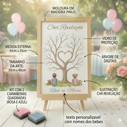 Quadro Recepção Chá Revelação Árvore Digitais com Vidro
