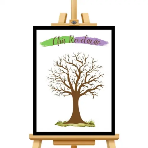 Quadro Recepção Chá Revelação Verde e Lilás com Carimbeira