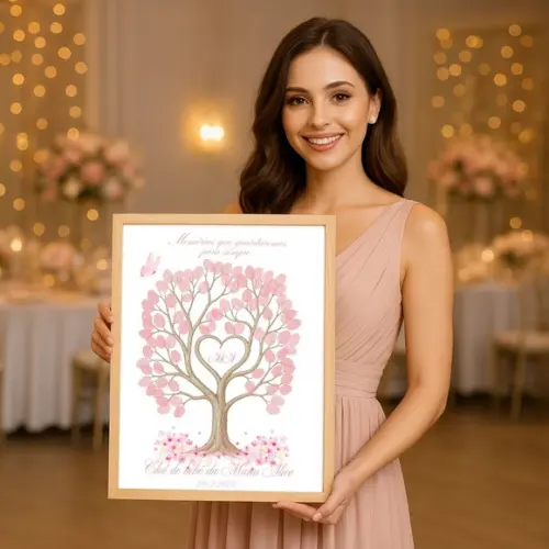Quadro Recepção Rosa Chá Bebê Árvore Digitais com Moldura