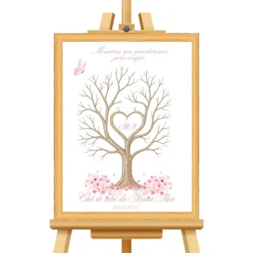 Quadro Recepção Rosa Chá Bebê Árvore Digitais com Moldura