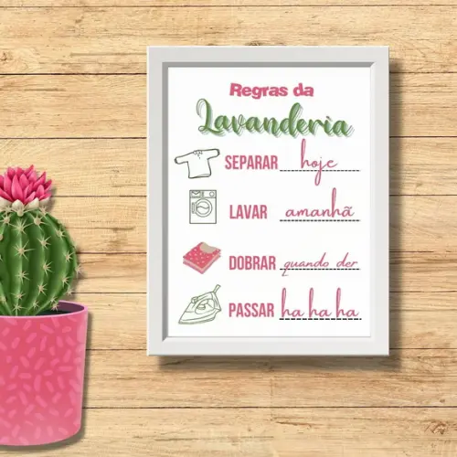 quadro regras da lavanderia com moldura e vidro 30x40cm
