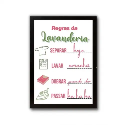 quadro regras da lavanderia com moldura e vidro 30x40cm