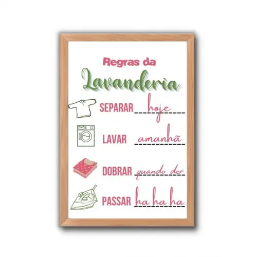 quadro regras da lavanderia com moldura e vidro 30x40cm