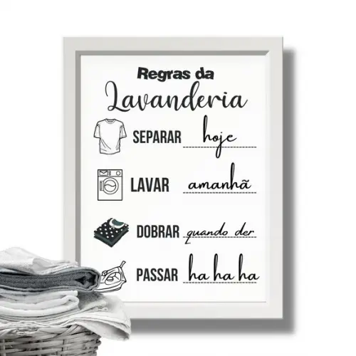 Quadro Regras da Lavanderia Humor com Moldura e Vidro 30x40