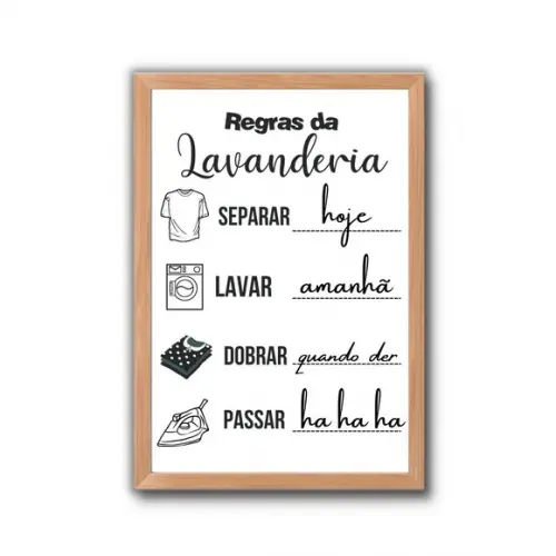 Quadro Regras da Lavanderia Humor com Moldura e Vidro 30x40