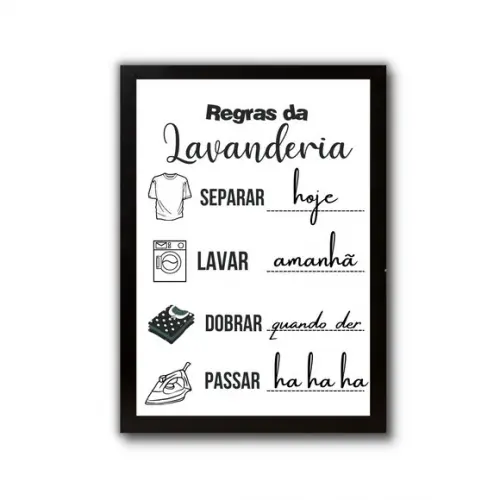 Quadro Regras da Lavanderia Humor com Moldura e Vidro 30x40