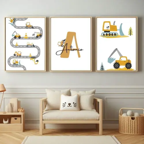 Quadro Retroescavadeira Infantil para Bebê Menino com Vidro