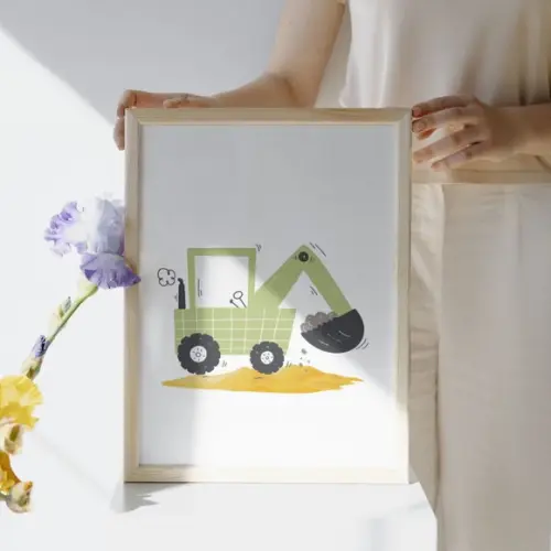 Quadro Retroescavadeira Trator Verde | Moldura com Vidro