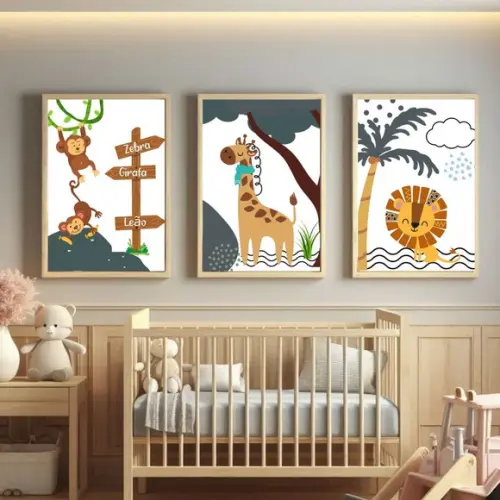 Quadro Safari com Animais para Quarto de Bebê | com Vidro