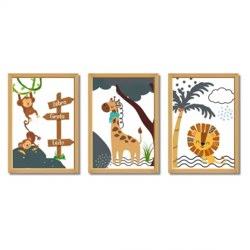 Quadro Safari com Animais para Quarto de Bebê | com Vidro