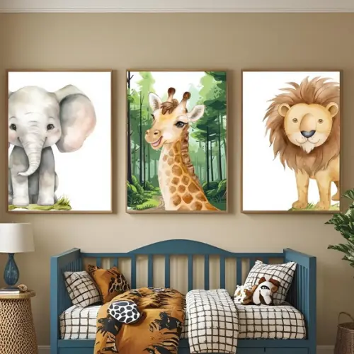Quadro Safari Infantil com Animais da Selva Moldura e Vidro