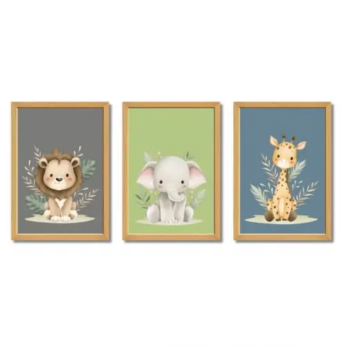 Quadro Safari Infantil Quarto de Bebe Verde Azul com Vidro