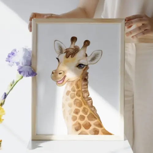 Quadro Safari Leão Girafa Elefante Quarto Infantil com Vidro