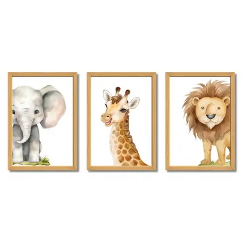 Quadro Safari Leão Girafa Elefante Quarto Infantil com Vidro