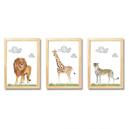 Quadro Safari para Quarto de Bebe Leão Girafa Aquarela 33x43