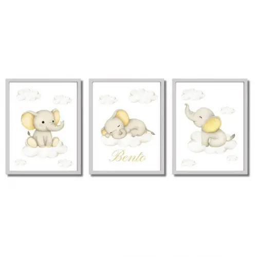 Quadro Tema Elefantinho para Quarto Infantil Unissex Moldura