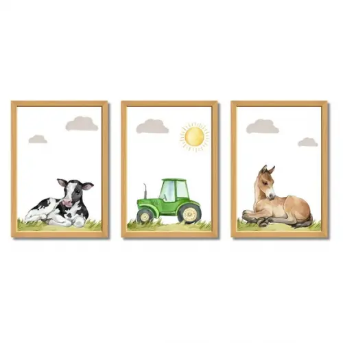Quadro Tema Fazendinha Vaca Cavalo Trator Aquarela 23x33cm