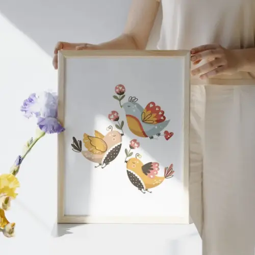 Quadro Tema Florido Pássaros Personalizado Quarto de Menina