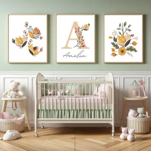 Quadro Tema Florido Pássaros Personalizado Quarto de Menina