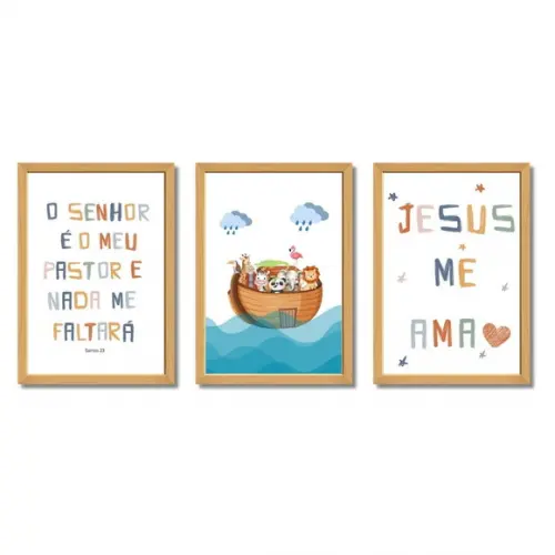 Quadro Temático Arca de Noé Infantil Frases Bíblicas 33x43cm