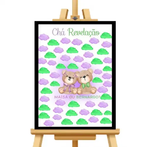 Quadro Ursinhos Chá Revelação Verde e Lilás Moldura 33x43 cm