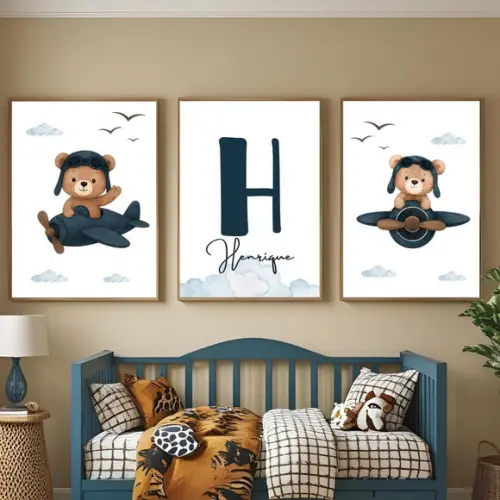 Quadro Urso Aviador Azul Personalizado Moldura com Vidro
