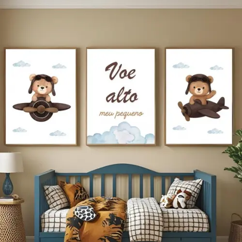 Quadro Urso Aviador Infantil Voe Alto Moldura com Vidro