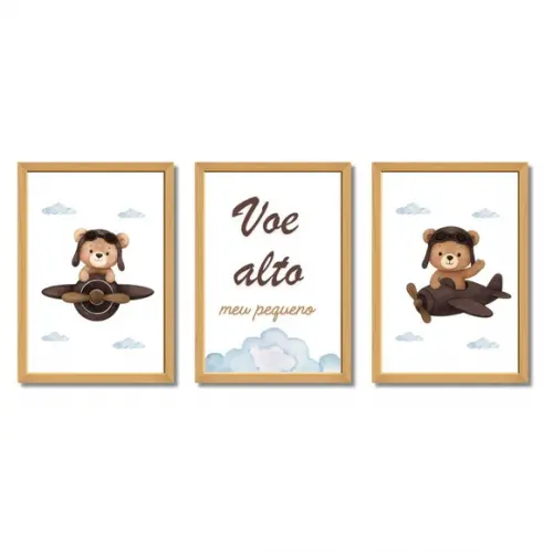 Quadro Urso Aviador Infantil Voe Alto Moldura com Vidro