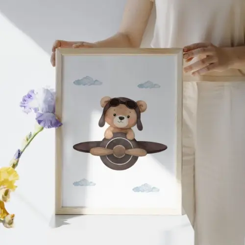 Quadro Urso Aviador Infantil Voe Alto Moldura com Vidro