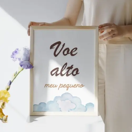 Quadro Urso Aviador Infantil Voe Alto Moldura com Vidro