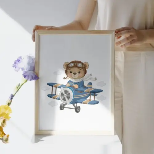 Quadro Urso Avião Personalizado Quarto Bebê Moldura e Vidro