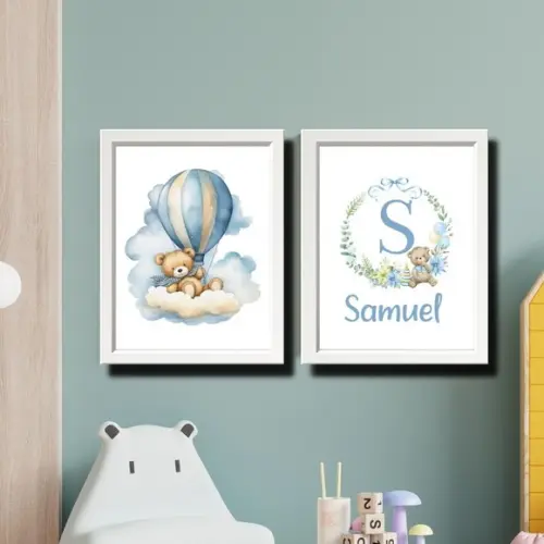 Quadro Urso Azul Personalizado Quarto de Menino com Nome