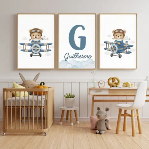 Quadro Urso Avião Personalizado Quarto Bebê Moldura e Vidro