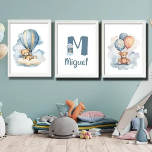 Quadro Urso Baloeiro Azul Personalizado Quarto Criança 33x43