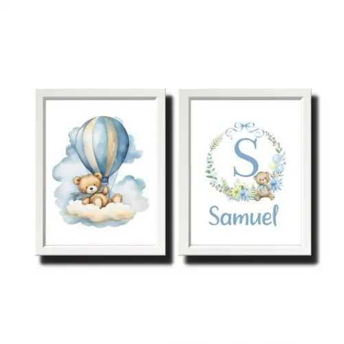 Quadro Urso Azul Personalizado Quarto de Menino com Nome