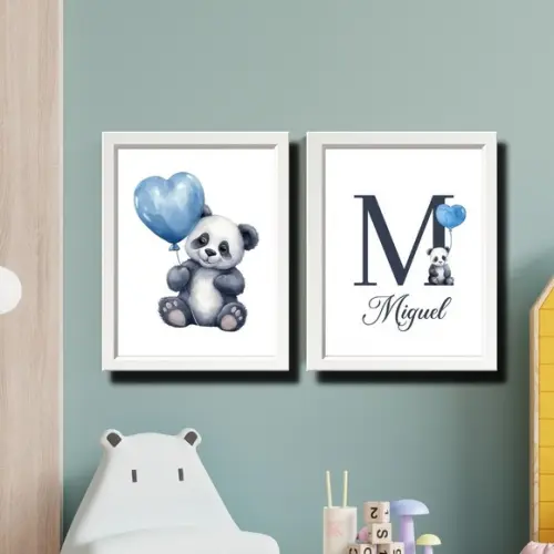 Quadro Urso Panda Personalizado Quarto de Menino com Nome