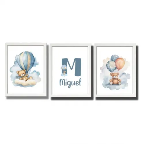 Quadro Urso Baloeiro Azul Personalizado Quarto Criança 33x43