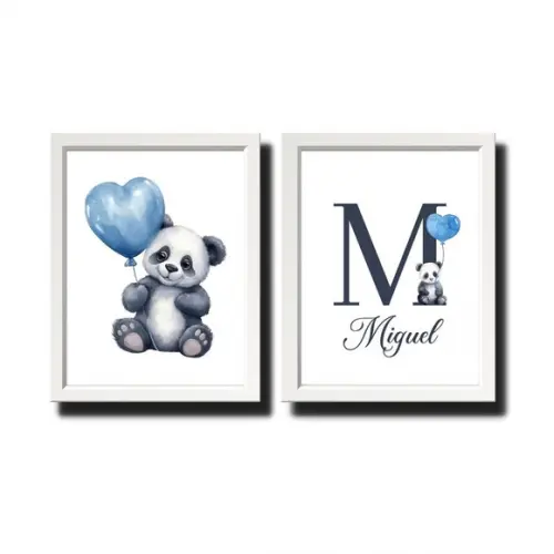 Quadro Urso Panda Personalizado Quarto de Menino com Nome
