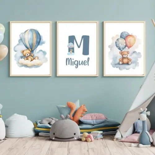 Quadro Urso Baloeiro Azul Personalizado Quarto Criança 33x43