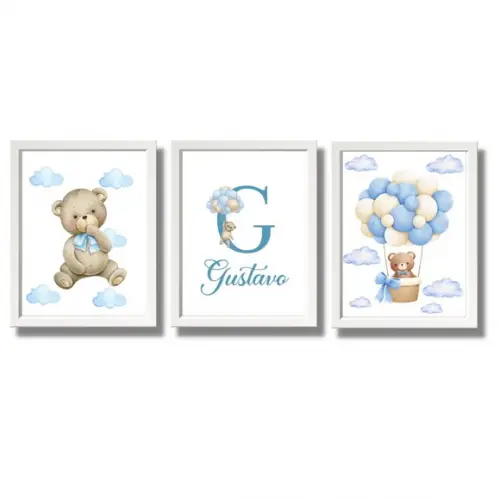 Quadro Urso para Quarto de Bebê Azul Personalizado Nome