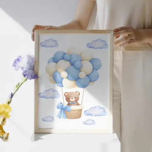 Quadro Urso para Quarto de Bebê Azul Personalizado Nome